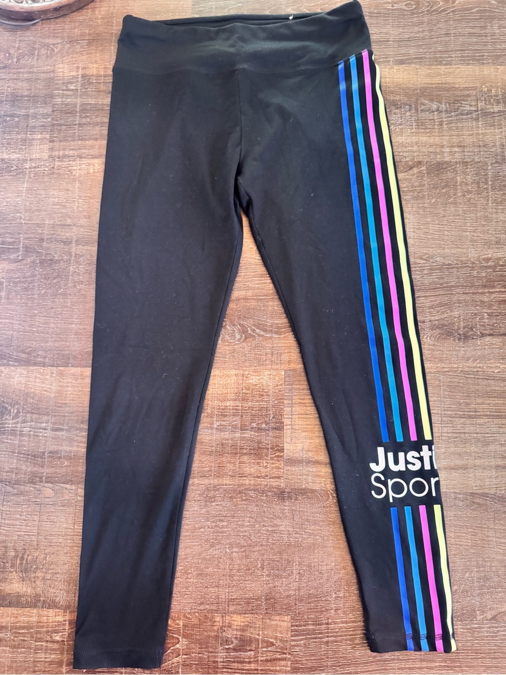 Justice Black Leggings with Blue, Purple, Pink & Yellow Side Stripes